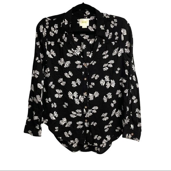 ANTHROPOLOGIE Maeve Button Front Blouse Shirt Top Bow Print Black White 0 - Picture 1 of 4
